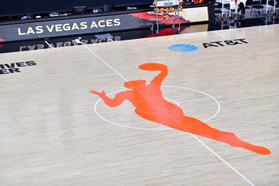 A general view of the WNBA logo is seen on the court before Game One of the Third Round playoff between the Las Vegas Aces and the Connecticut Sun at Feld Entertainment Center on September 20, 2020 in Palmetto, Florida.