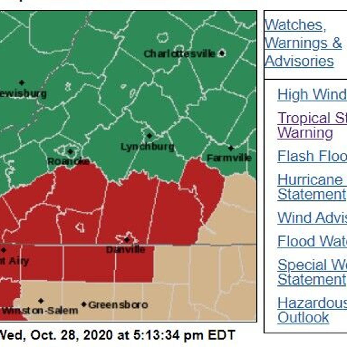 Rare Tropical Storm Warning Issued For Localities South Of Roanoke As Zeta Approaches Weather Roanoke Com