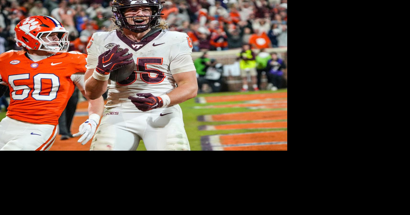 Virginia Tech Hokies tight end Luke Reynolds (85) smiles after scoring the winning touchdown against Clemson during the fourth