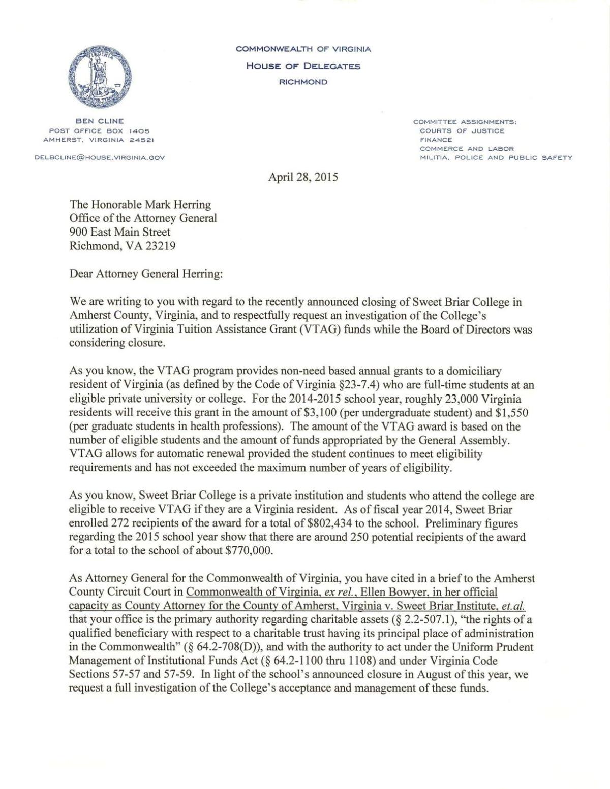 Legislators Letter On Sweet Briar Virginia Roanoke Com .north, tuition assignments east, tuition assignments west, tuition assignments northeast, tuition you have to indicate the regions that you are willing to travel to: legislators letter on sweet briar