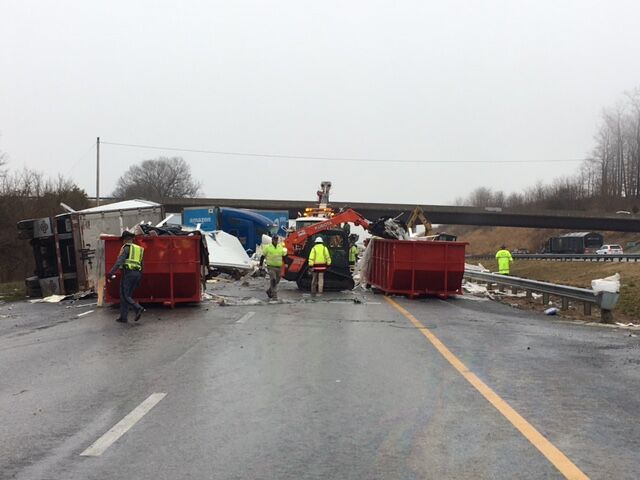 Tractor-trailer crash causing eight-mile backup on I-77 North in