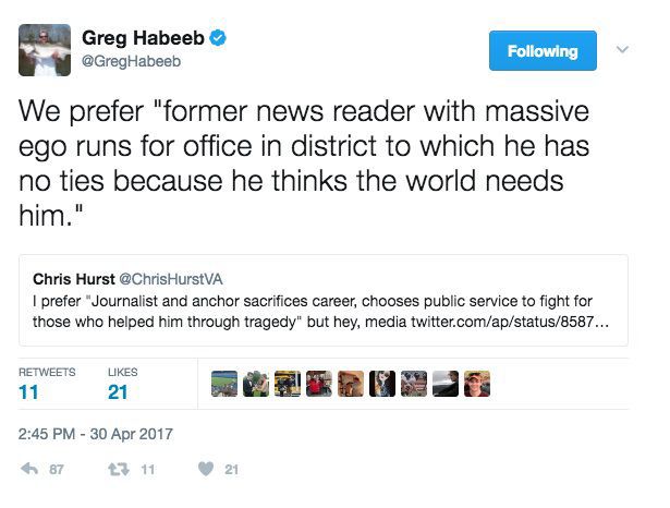Blue Ridge Caucus Chris Hurst Uses Greg Habeeb S Sarcastic Tweet Citing Massive Ego To Raise Money Roanoke Politics Government Roanoke Com
