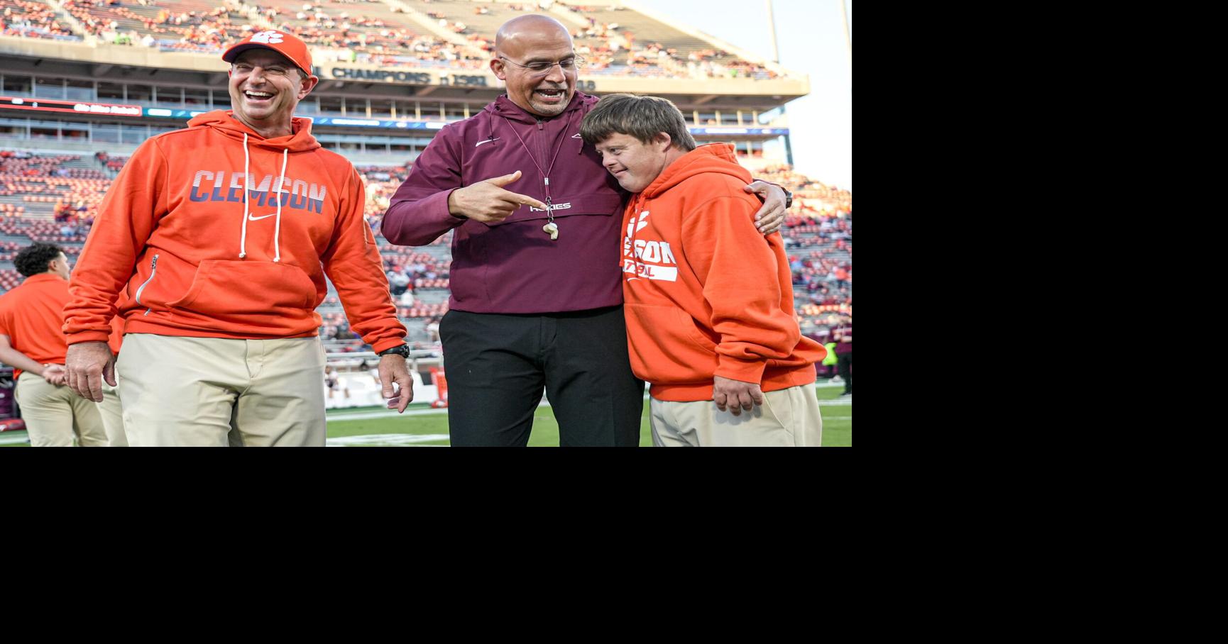 Clemson head coach Dabo Swinney and Virginia Tech Hokies Head Coach James Franklin, right, with Clemson team manager David