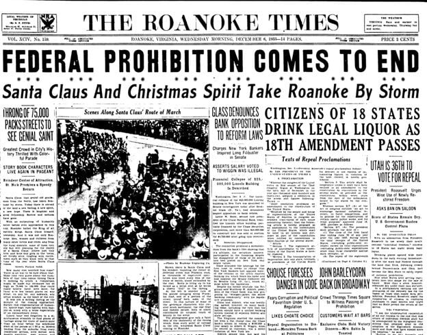 Roanoke Times end of Prohibition coverage