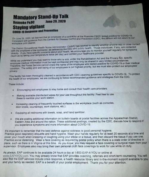Letter to Roanoke postal employees