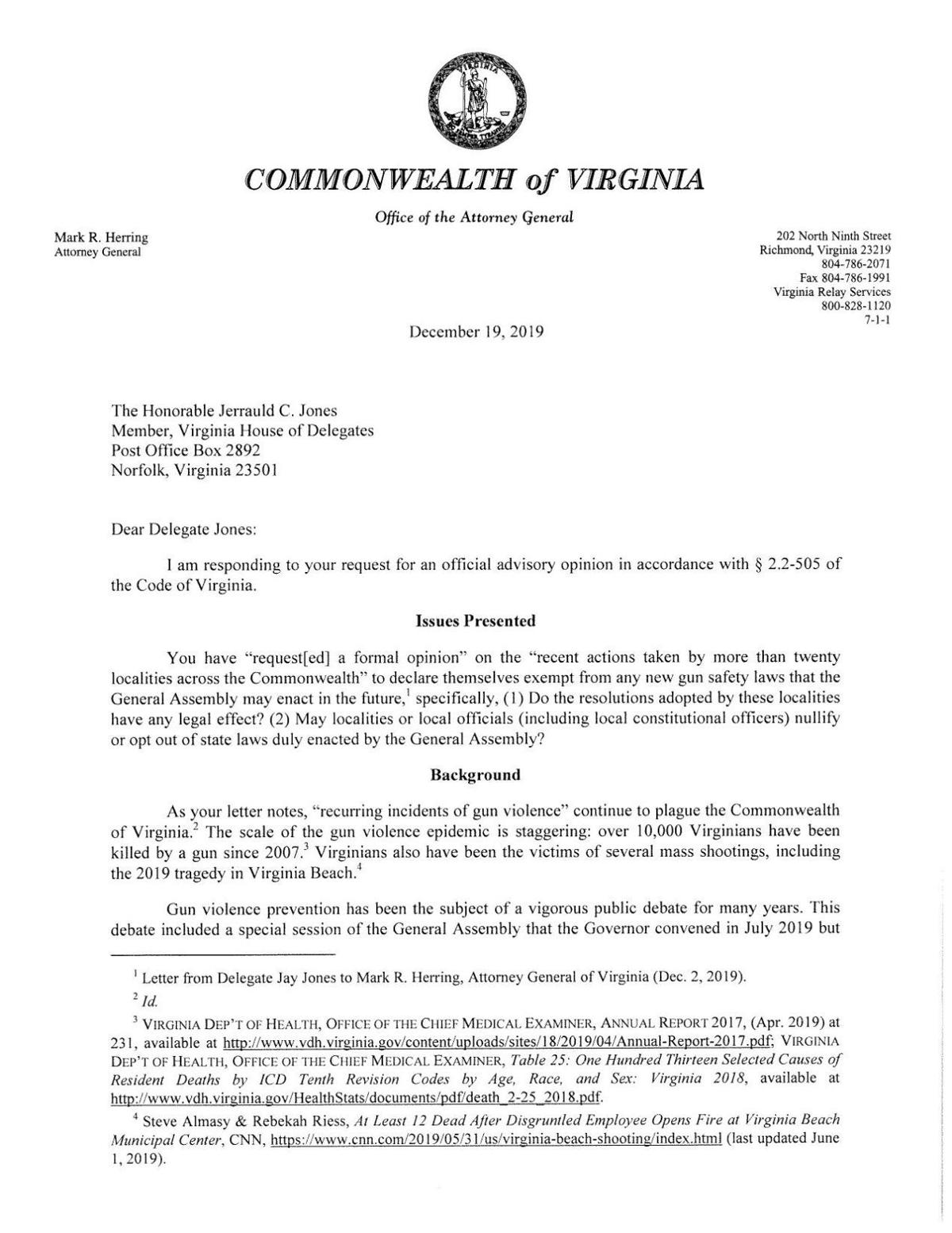 Attorney General Mark Herring Advisory Opinion Roanoke Com