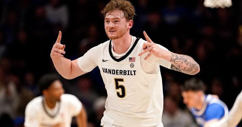 Vanderbilt forward Tyler Nickel (5) celebrates a three-point basket against Kentucky during the first half at Memorial Gymnasium in Nashville, Tenn., Tuesday, Jan. 27, 2026.