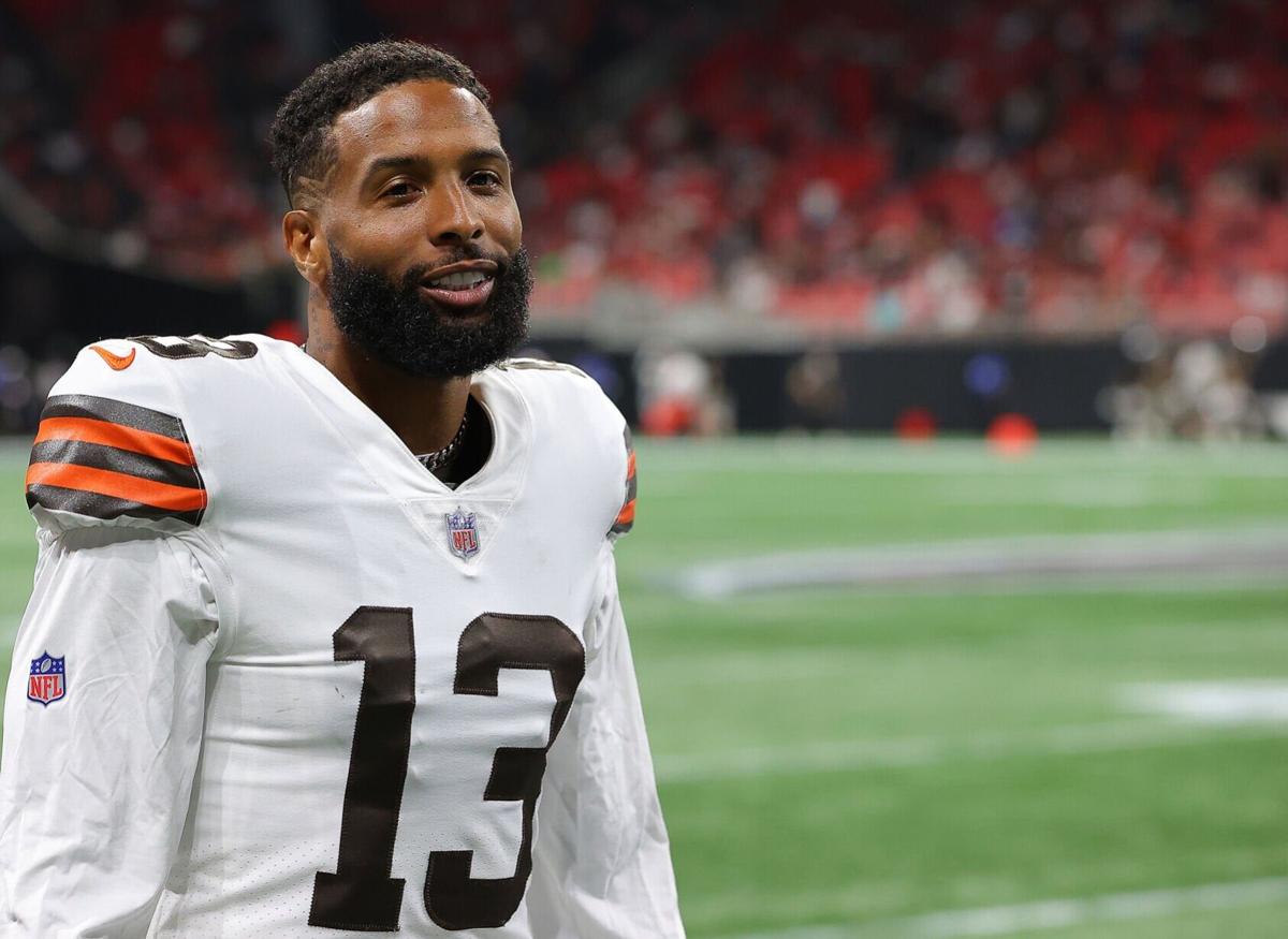 Cleveland Browns wide receiver Odell Beckham Jr. walks off the field after the first half against the Atlanta Falcons at Mercedes-Benz Stadium on August 29, 2021, in Atlanta.