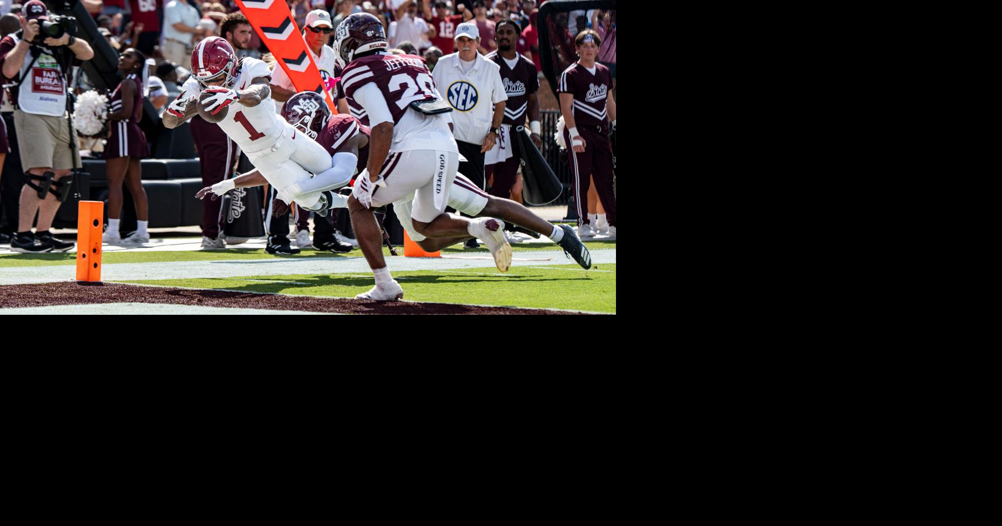 Alabama wide receiver Ryan Coleman-Williams (1) dives for a touchdown during a college football game between Mississippi State
