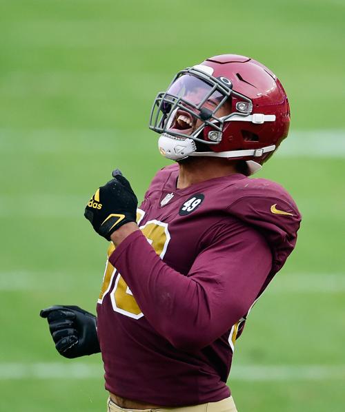 Montez Sweat of the Washington Football Team celebrates during action against the Cincinnati Bengals at FedExField on November 22, 2020 in Landover, Md..