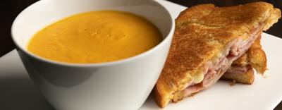 Toasted Ham and Gruyere with Spicy Sweet Potato Bisque: The ultimate soup and sandwich combo