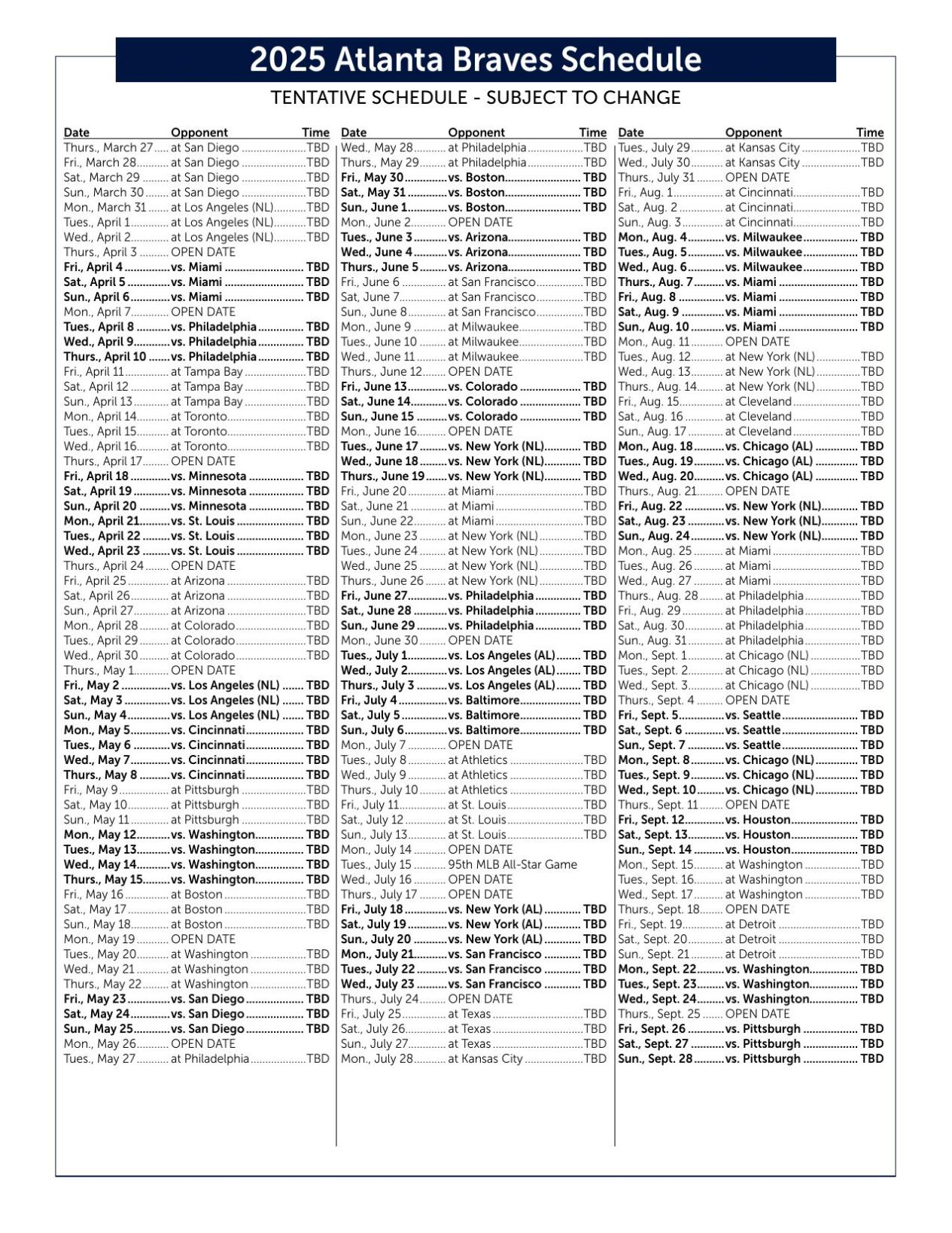 Braves 2025 schedule has been announced including date of AllStar game