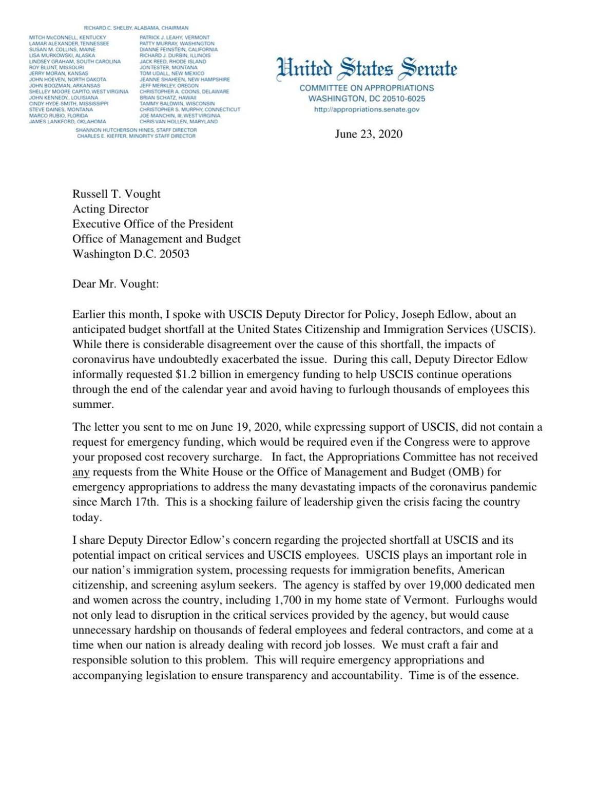 Leahy Administration Fails To Lead As Uscis Furlough Notices Begin To Arrive News Samessenger Com