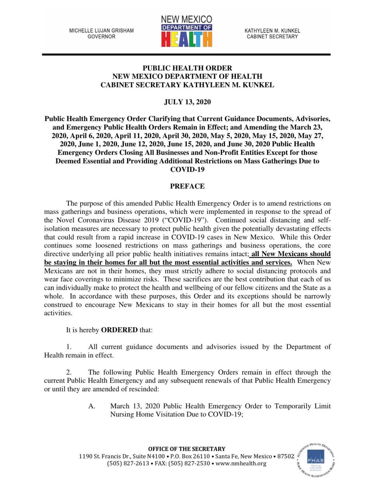 Amending Restrictions On Mass Gatherings And Business Operations July 13 2020 Coronavirus Santafenewmexican Com