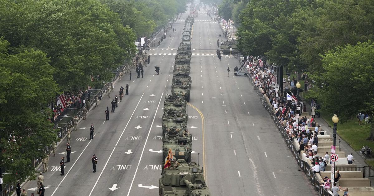 Military parade features helicopter flyover as LA police disperse protest
