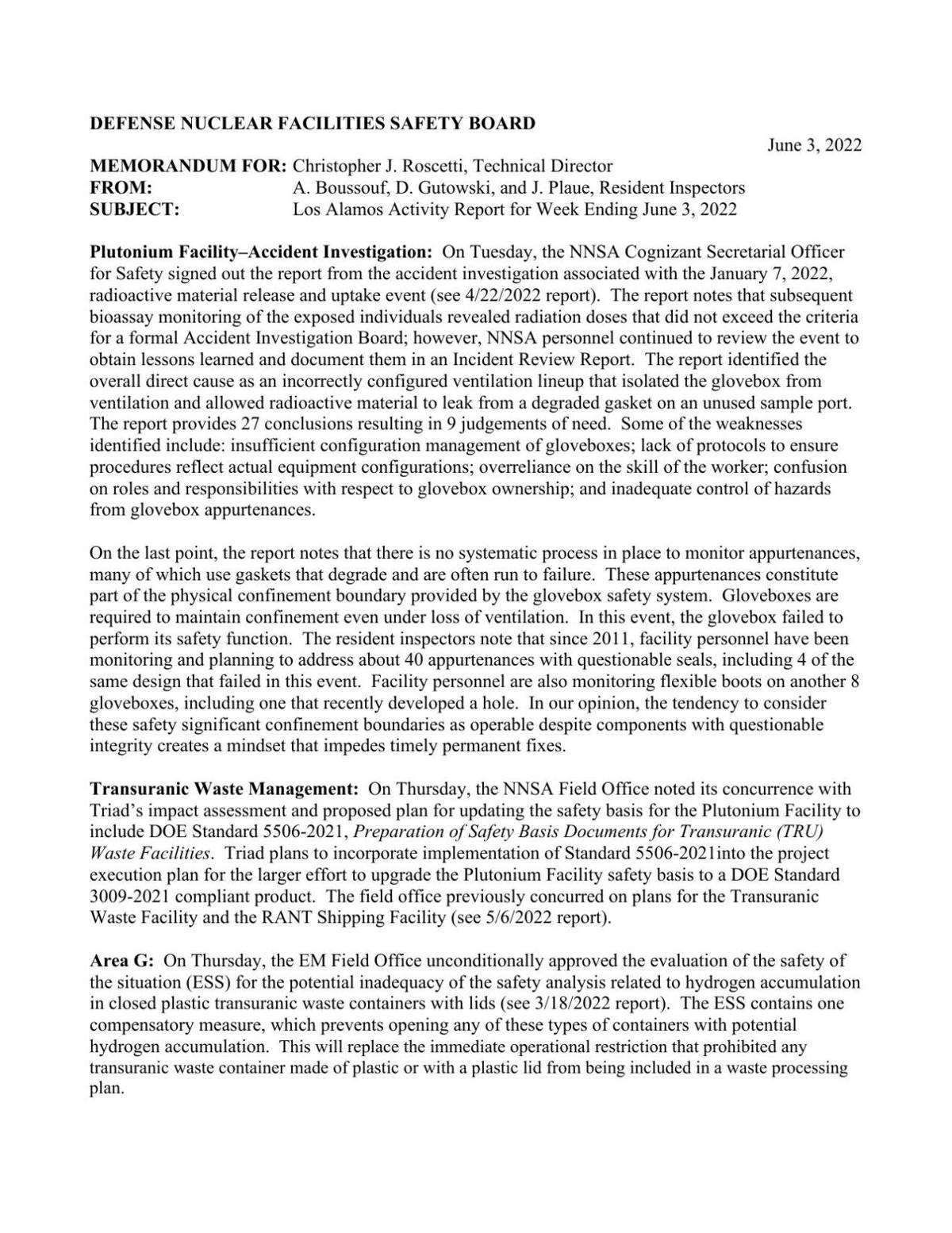 Defense Nuclear Facilities Safety Board's June report