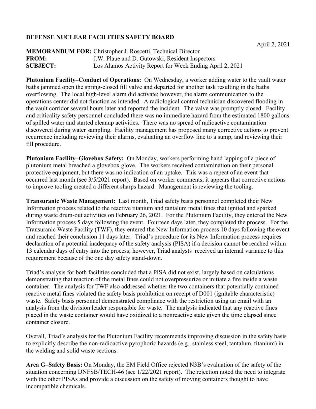 Defense Nuclear Facilities Safety Board report