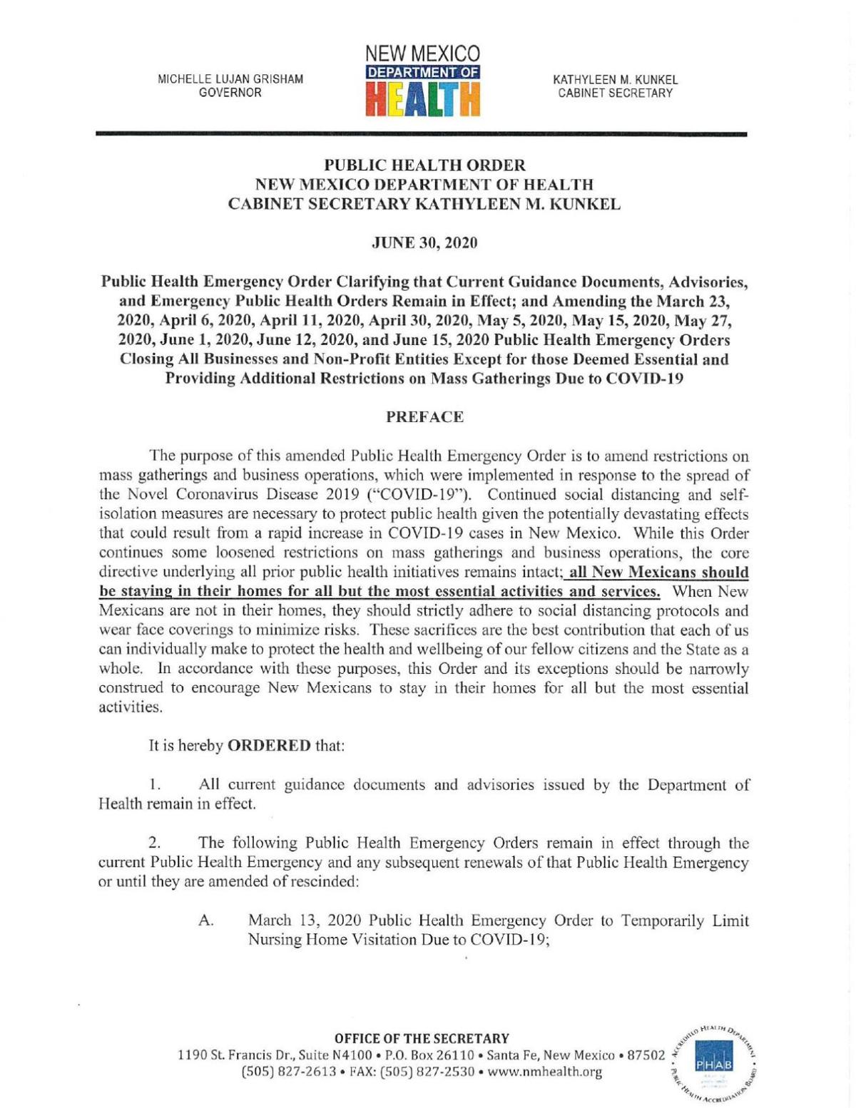 Amending Restrictions On Mass Gatherings And Business Operations June 30 2020 Coronavirus Santafenewmexican Com