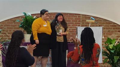 Christina Cook presents the 2023 Health Innovation Award to Molly Lieberman, executive director of Loop it up Savannah, at Healthy Savannah’s Biennial Meeting on May 2..png