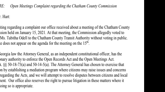 January 29 – Atty.  General Sends County Inquiry Letter on Possible Violation of Open Meetings at Odell Appointment |  Georgia Business News