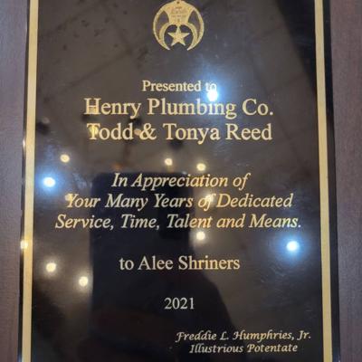 Henry Plumbing Company Receives Alee Shriners Appreciation Award