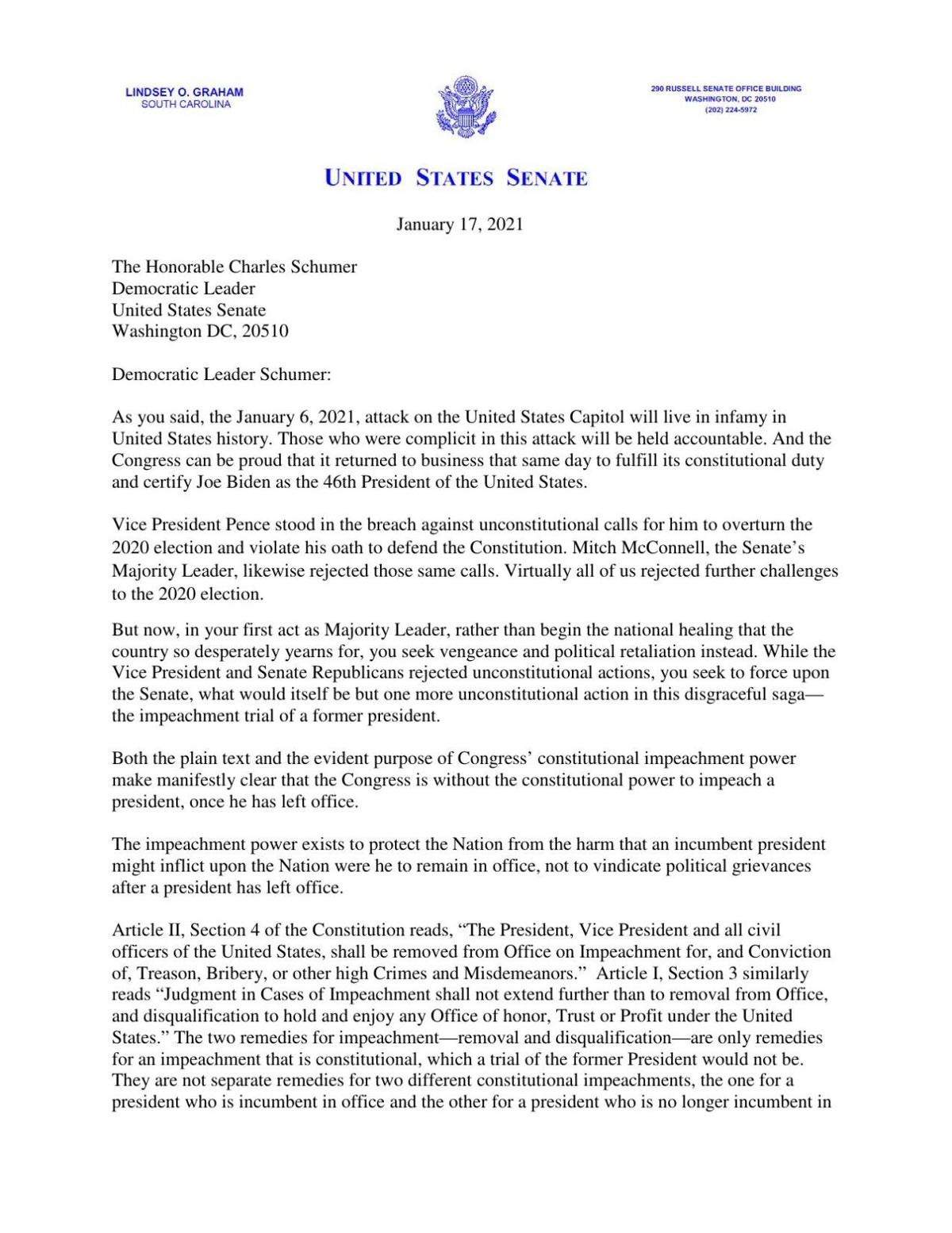 Lindsey Graham's letter to Chuck Schumer