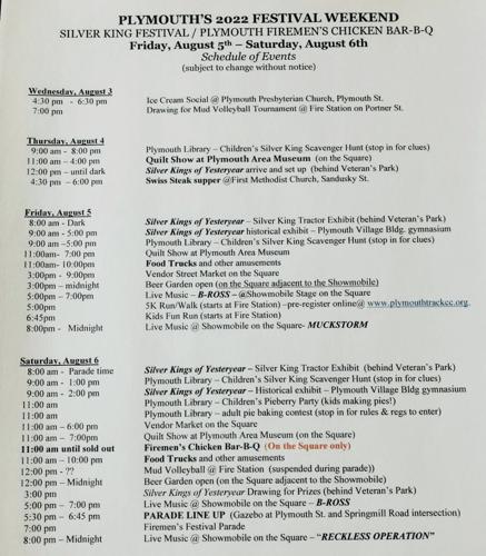 Plymouth’s 2022 Festival Weekend Schedule