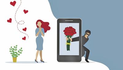 Scammer online chatting with woman and sending rose flowers on smartphone screen. Romance scam, dating scam, cyber crime, hacking, phishing and financial security concept.