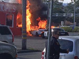 Up in flames: Car crash sparks fire at San Bruno pizza parlor