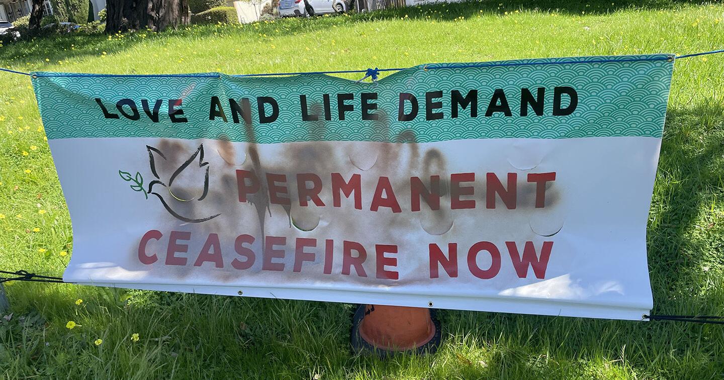 Belmont church's cease-fire banner vandalized | Local News - Vimarsana News