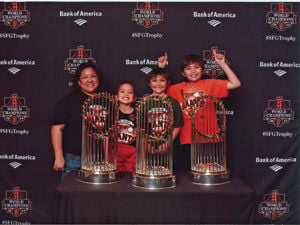 The World Series Trophy is on display during a ceremony in the