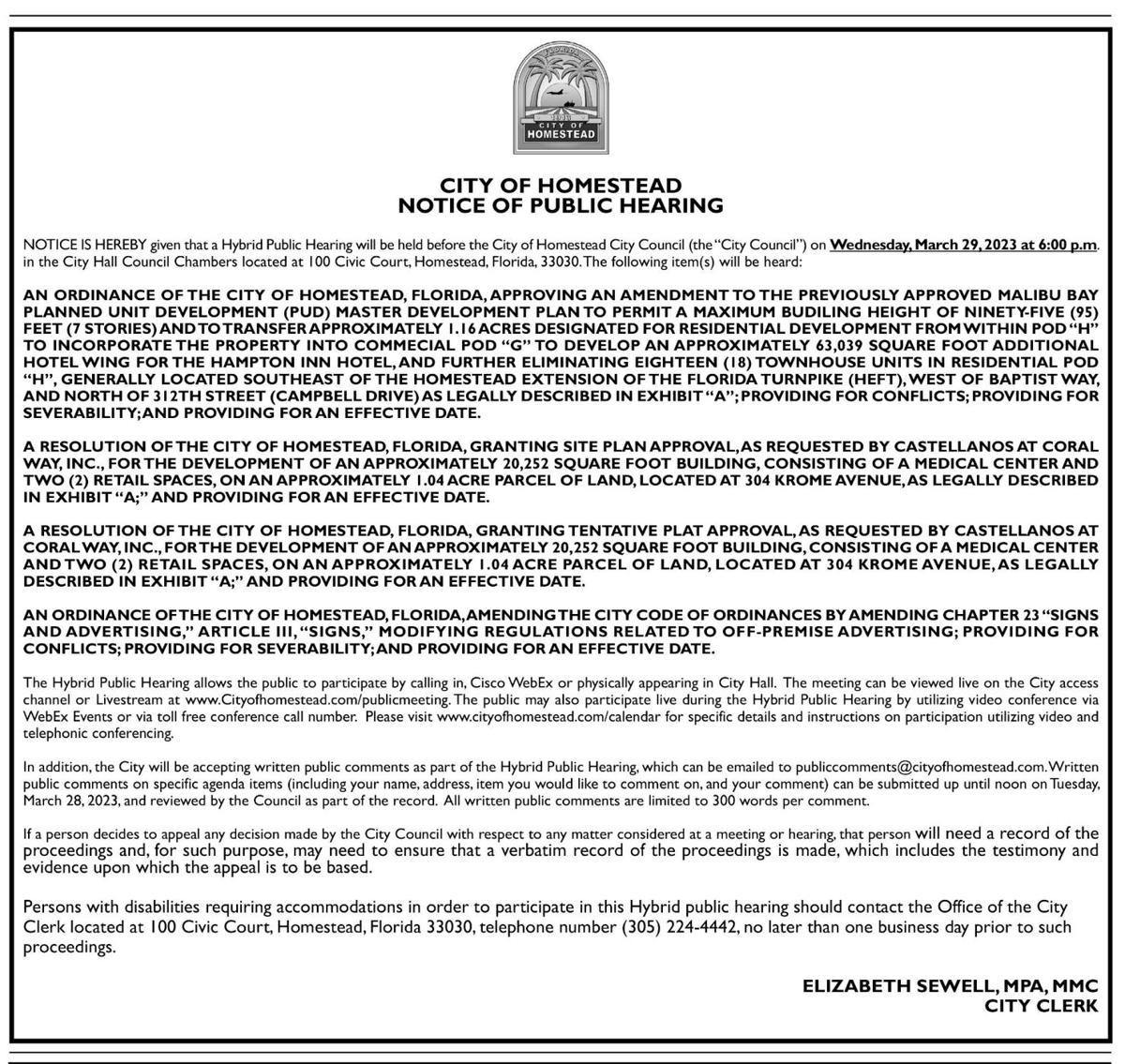 City of Homestead - Notice of Public Hearing