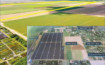 Background photo:  In this drone photo, shot from the intersection of SW 217th Ave and SW 248th St, the area where the solar panels will be placed is roughly outlined in yellow.  Photo: Hugh Hudson   Foreground photo:  A map supplied by FPL outlines the...
