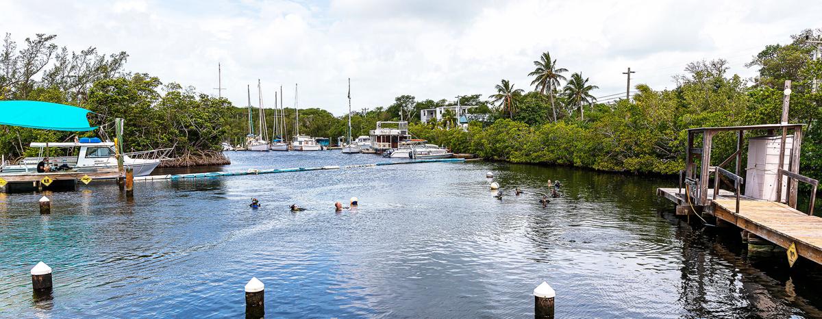 Jules Undersea Lodge sits in 25 feet of water in this Key Largo lagoon. The lagoon is used for scuba instruction and is also open for snorkeling.