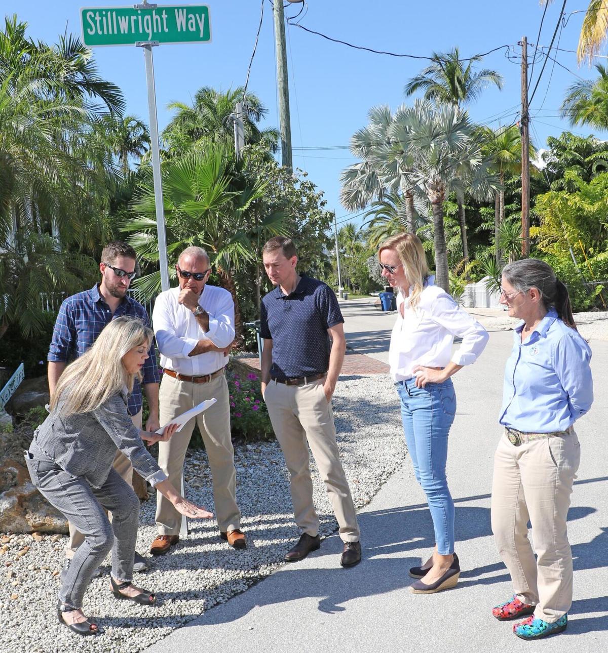 Brooks and Blalock walk through Stillwright Point in Key Largo, where Monroe County’s Chief Resilience Officer Rhonda Haag shows how high water can reach in the neighborhood. Both Key Largo neighborhoods are on the State’s Resilient Florida list.
