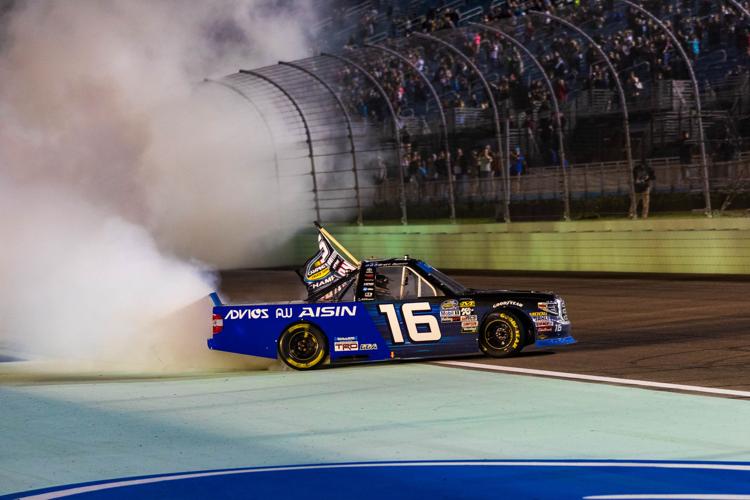 Brett Moffitt burns it up after winning the Camping World Championship.