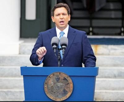Florida Gov. Ron DeSantis speaks to the crowd after being sworn in outside the Old Capitol, Tuesday, Jan. 3, 2023, in Tallahassee.