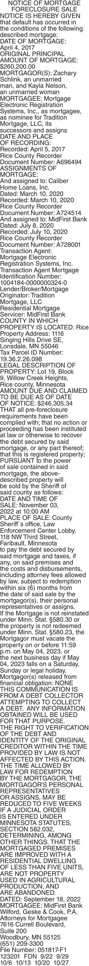 NOTICE OF MORTGAGE FORECLOSURE SALE