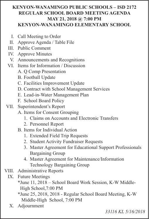 Kenyon Wanamingo Schools 521 Agenda Faribault Daily News