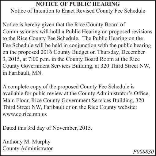 Rice Co Admin Notice of Intention to Enact Revised County Fee Schedule