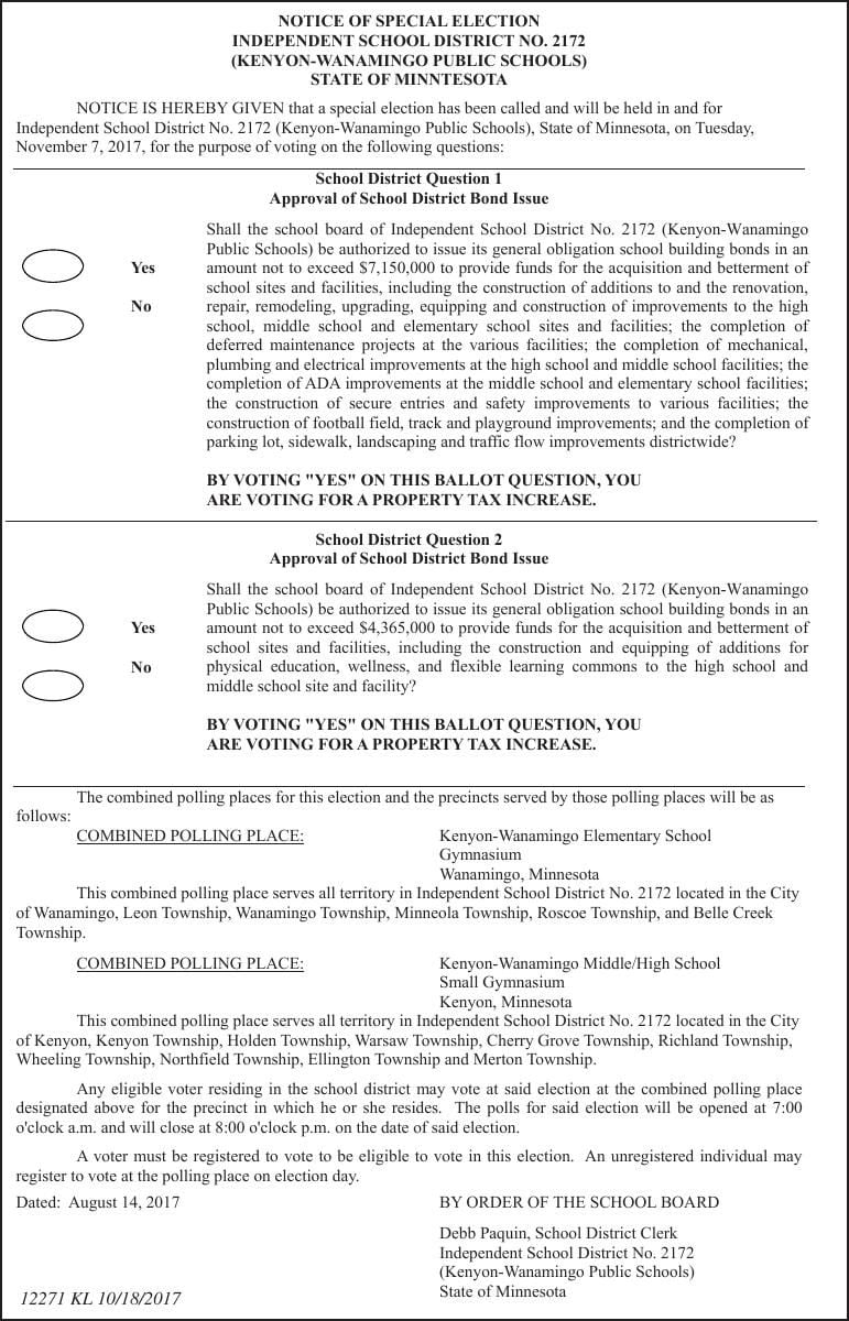 Kenyon Wanamingo Schools Levy Ballot 2017 Faribault Daily News