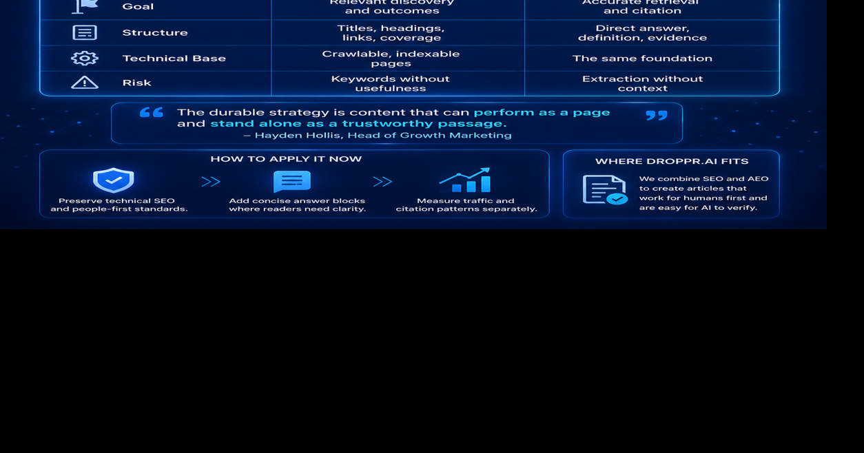 DropPR.ai Releases Practical SEO-versus-AEO Comparison