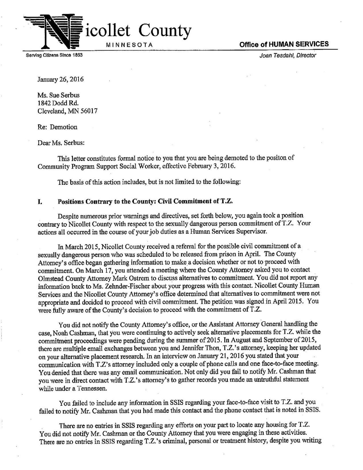 Nicollet County disciplinary letters | News | southernminn.com