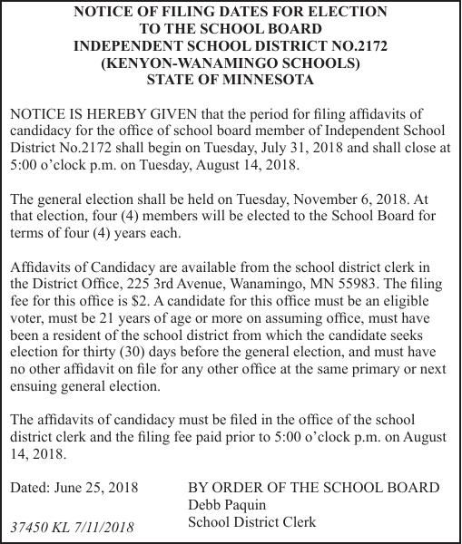 Kenyon Wanamingo Schools Notice filing dates for Election Faribault