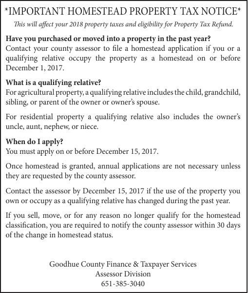Goodhue Co Assessor Goodhue Co Homestead 2018 Tax Notice Faribault
