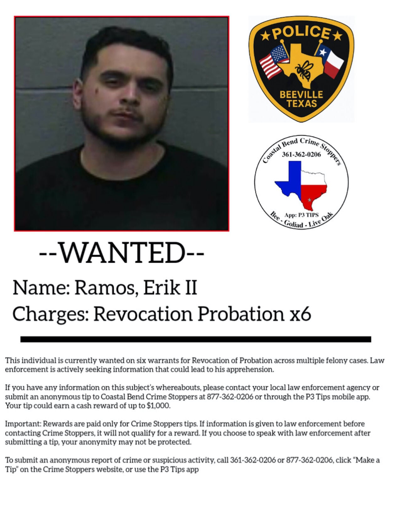 CRIMINAL　です。 Crime Stoppers seeks tips in search for wanted Beeville man