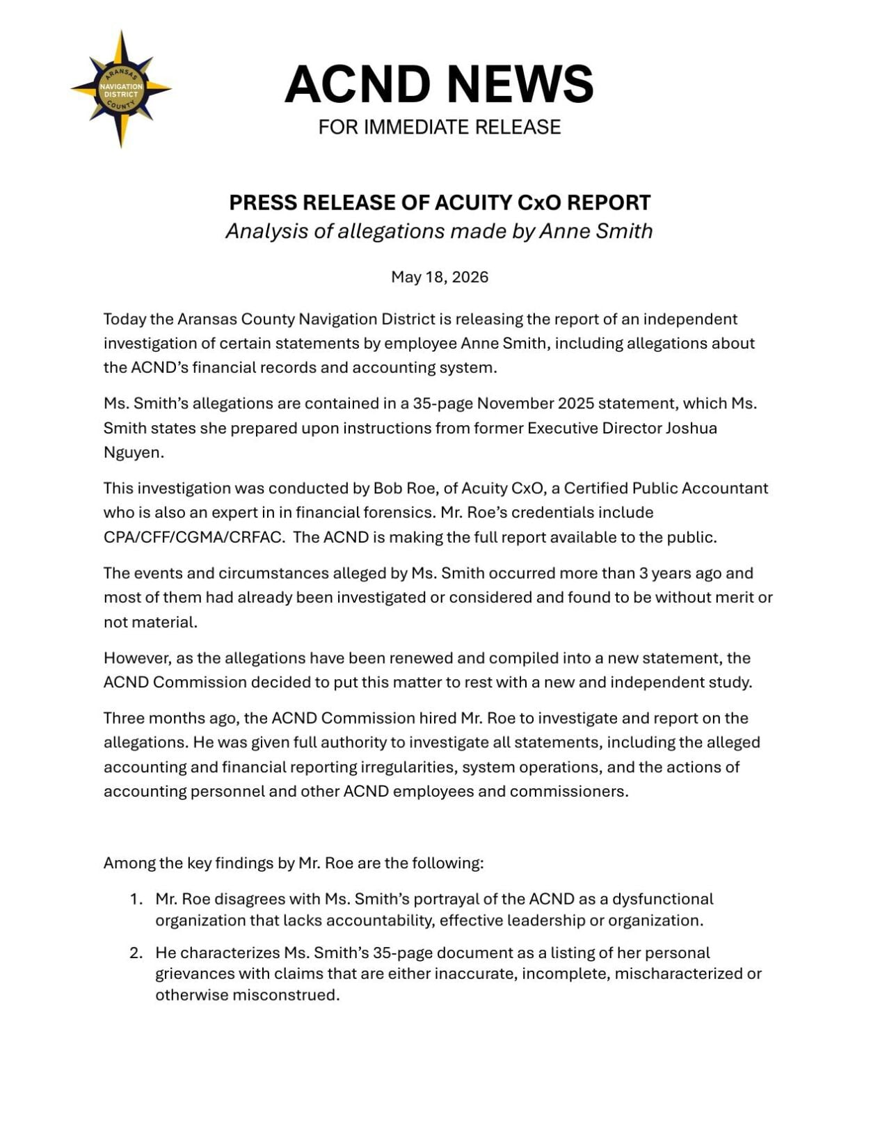 ACND releases report related to allegations of accounting improprieties ...