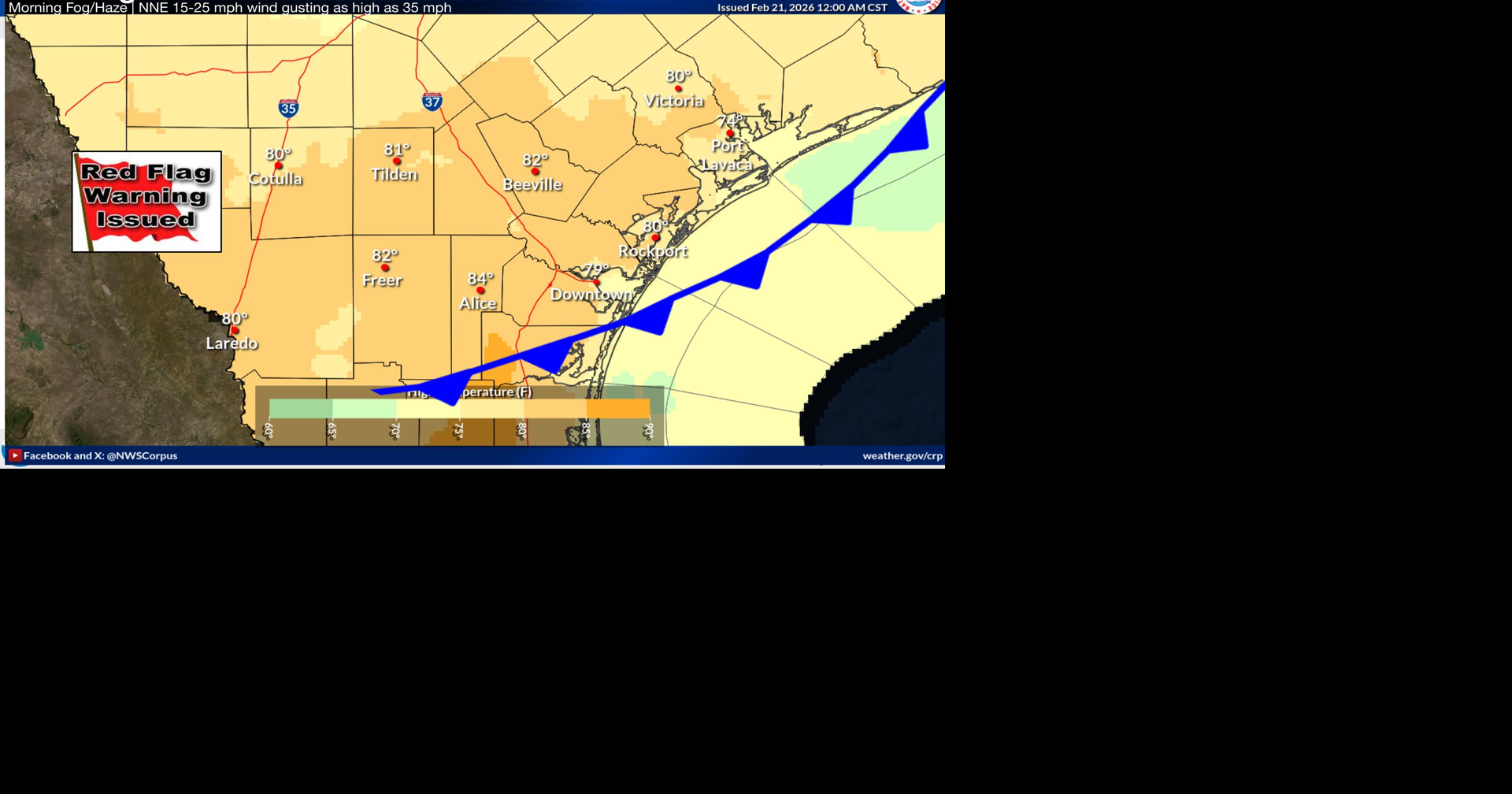 Cold front to push across South Texas today creating elevated fire danger