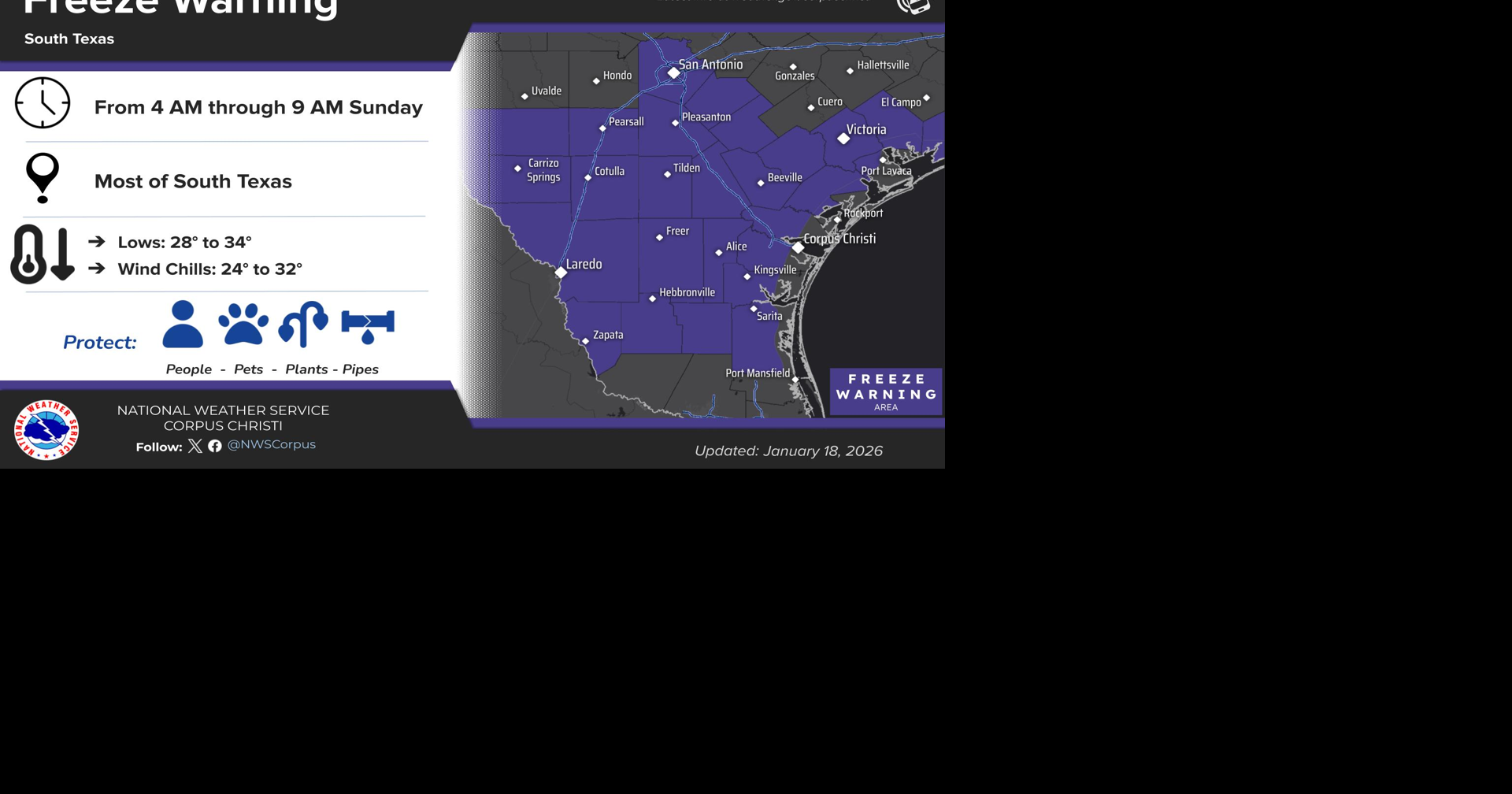 Freeze warning for South Texas until 9 a.m. Sunday