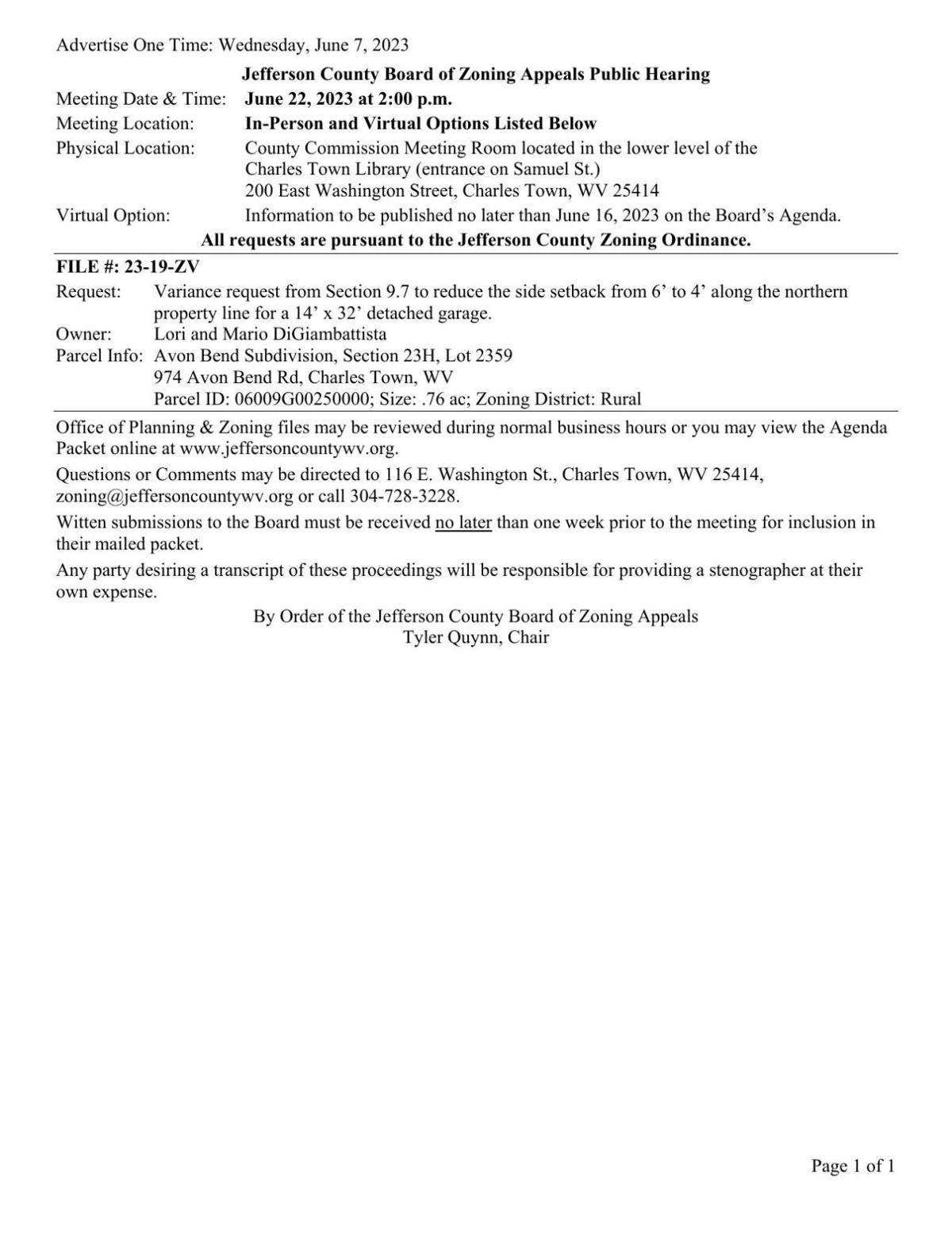 Jefferson County Board of Zoning Appeals Public Hearing